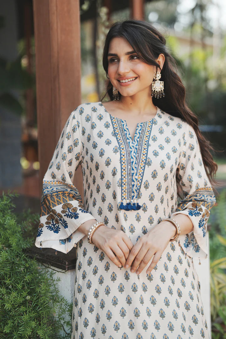 Ivory Blue Handblock Muslin C-Cut Kurta Pant Set with Tassel Accents & Airy Flow