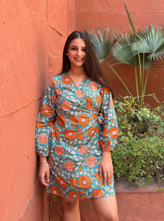 Earthy Sage Blossom Tie-Up Waist Dress with Flowy Feminine Silhouette