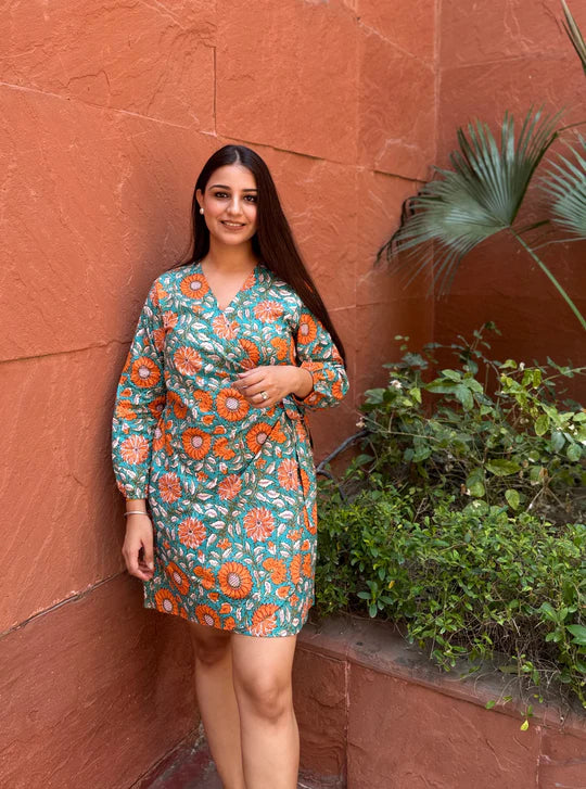 Earthy Sage Blossom Tie-Up Waist Dress with Flowy Feminine Silhouette