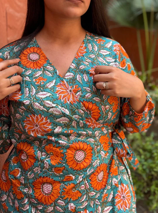 Earthy Sage Blossom Tie-Up Waist Dress with Flowy Feminine Silhouette