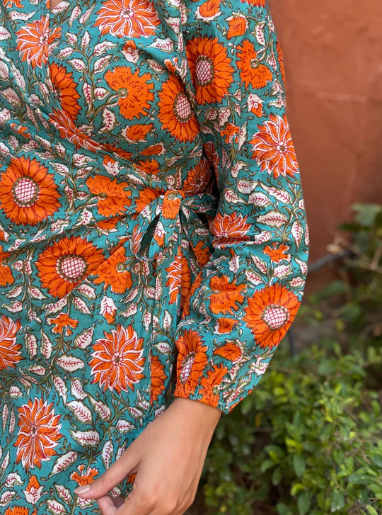 Earthy Sage Blossom Tie-Up Waist Dress with Flowy Feminine Silhouette