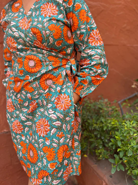 Earthy Sage Blossom Tie-Up Waist Dress with Flowy Feminine Silhouette