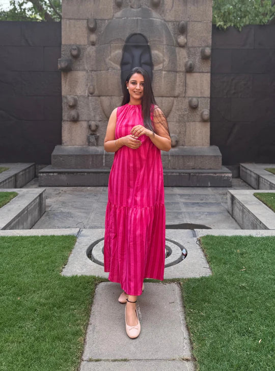 Blush Pink Linear Stripe Day Dress with Soft Flowy Summer Fit