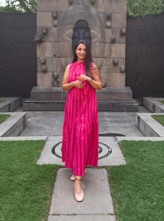 Blush Pink Linear Stripe Day Dress with Soft Flowy Summer Fit