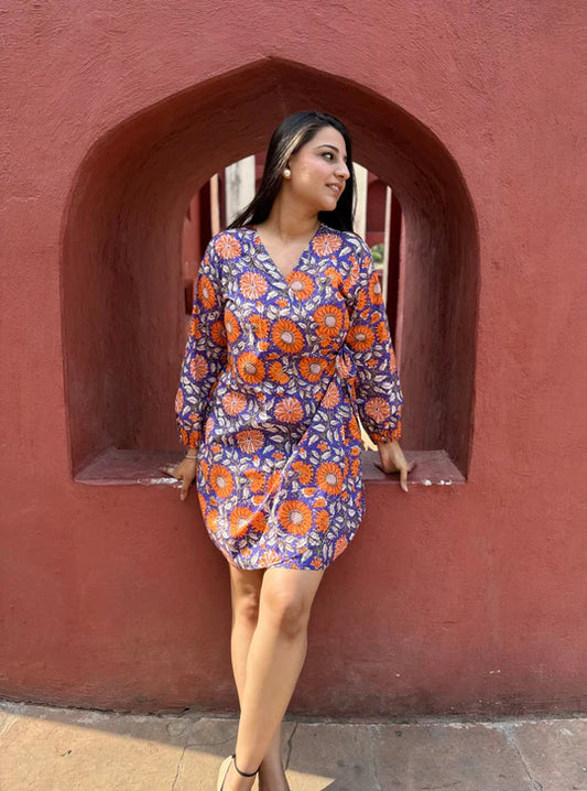 Elegant Lavender Bloom Tie-Front Midi Dress with Chic Waist Knot Detail