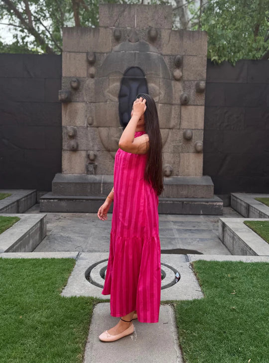 Blush Pink Linear Stripe Day Dress with Soft Flowy Summer Fit