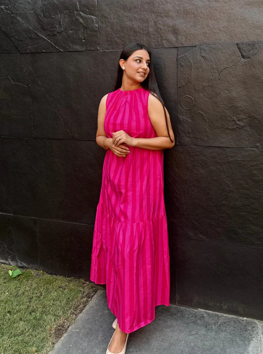 Blush Pink Linear Stripe Day Dress with Soft Flowy Summer Fit