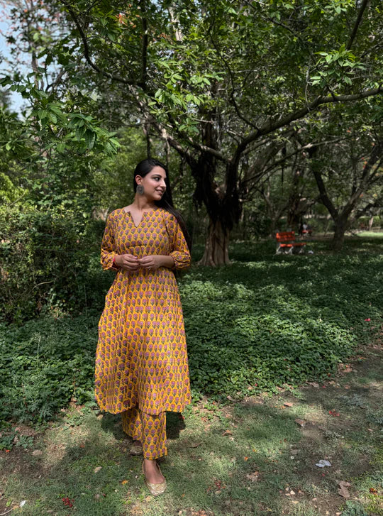 Sunlit Mustard Floral Co-Ord Ensemble with Festive Ethnic Charm
