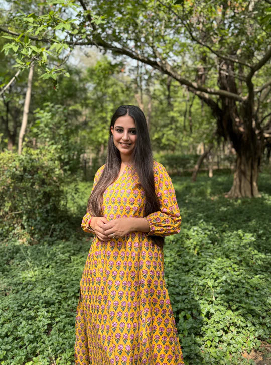 Sunlit Mustard Floral Co-Ord Ensemble with Festive Ethnic Charm