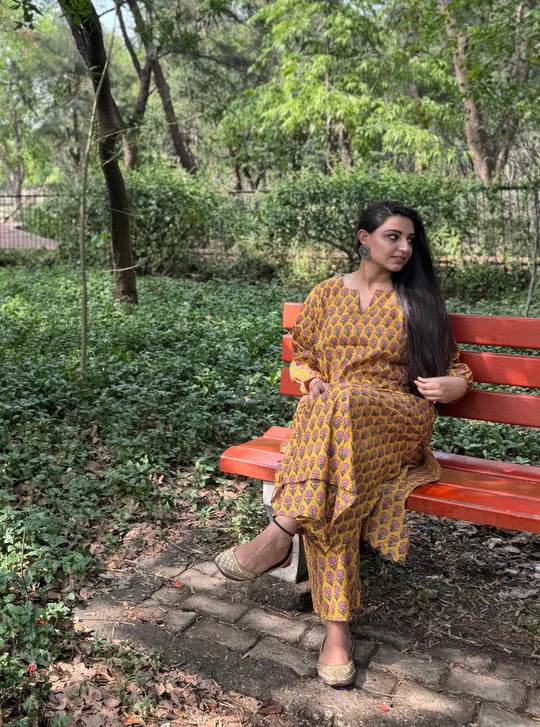 Sunlit Mustard Floral Co-Ord Ensemble with Festive Ethnic Charm