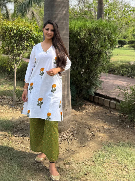 Earthy Olive Butti Motif Co-Ord Set with Refined Ethnic Appeal