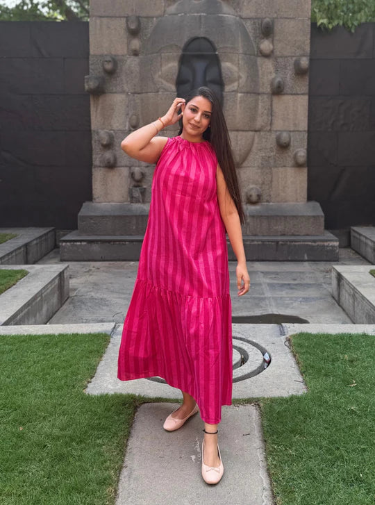 Blush Pink Linear Stripe Day Dress with Soft Flowy Summer Fit