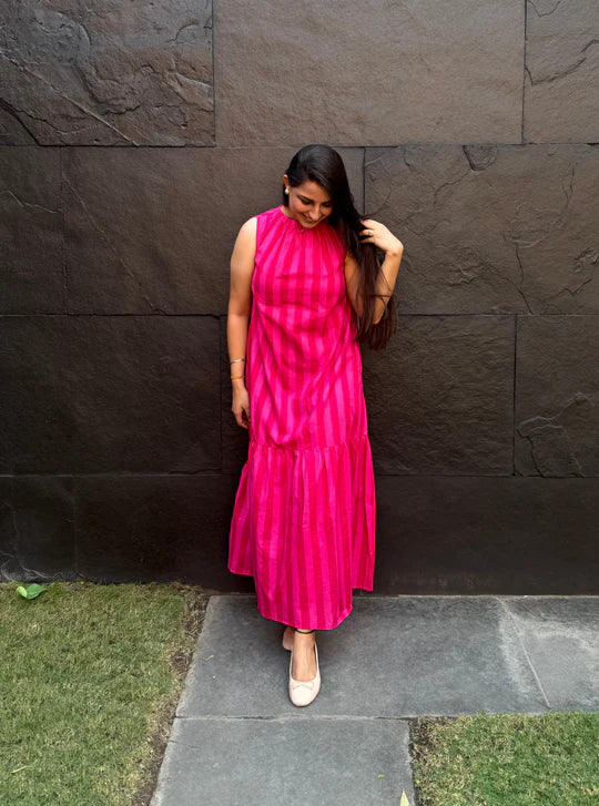 Blush Pink Linear Stripe Day Dress with Soft Flowy Summer Fit