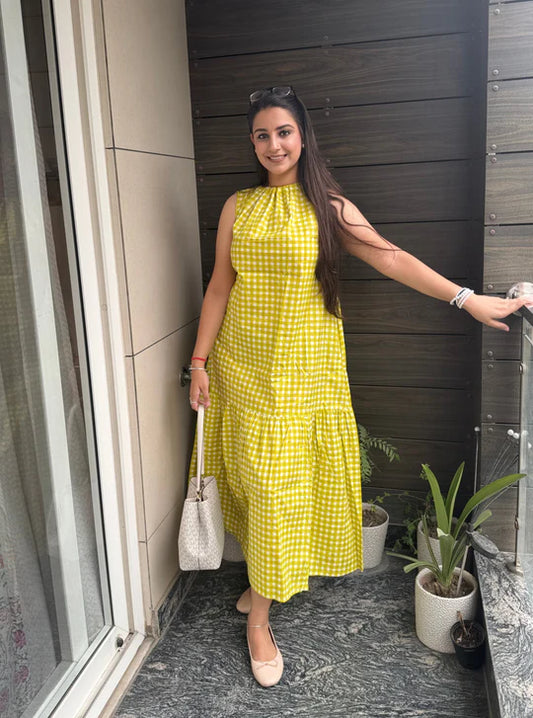 Fresh Citrus Checkered A-Line Dress with Breezy Summer Silhouette