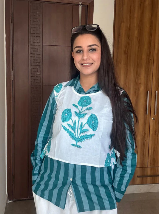 Muted Sage Stripe Shirt with Structured Waistcoat Set for Refined Layered Styling