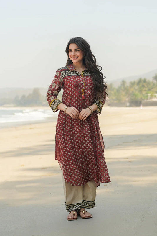 Earthy Terracotta Handblock Chanderi Kurta Set with Featherlight Mul Comfort
