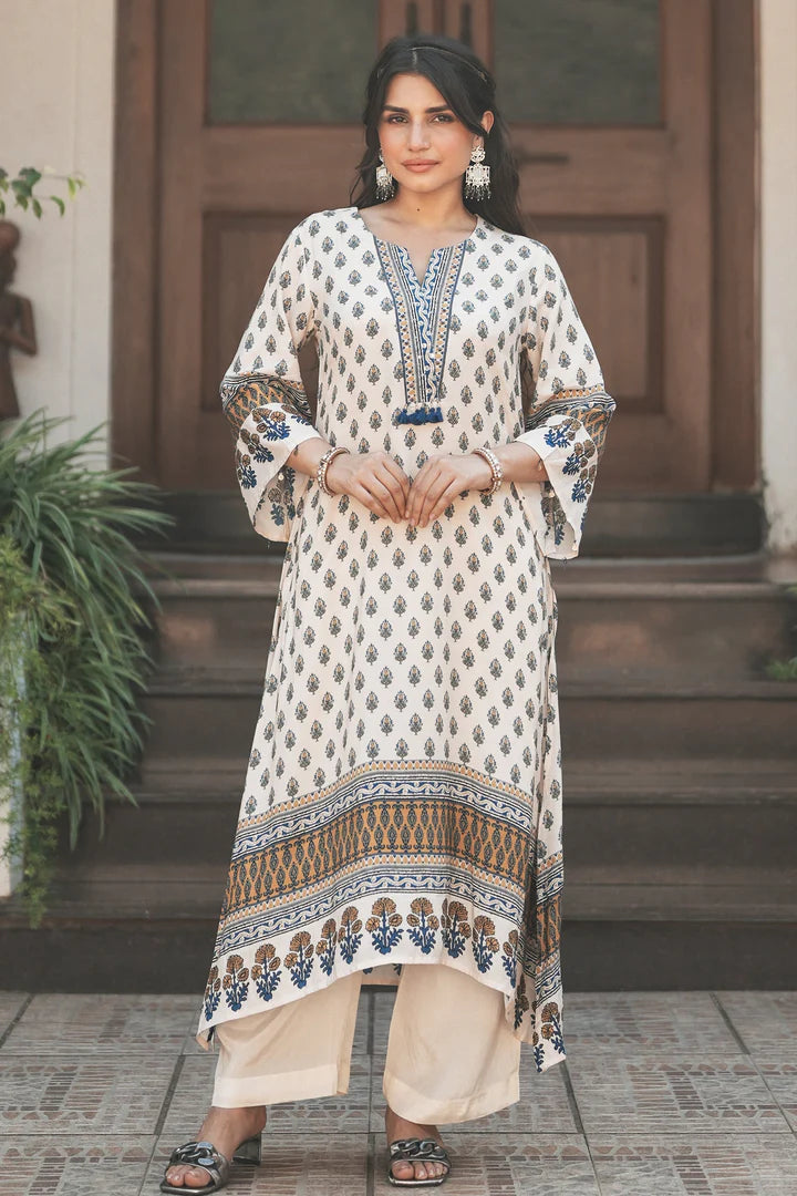 Ivory Blue Handblock Muslin C-Cut Kurta Pant Set with Tassel Accents & Airy Flow