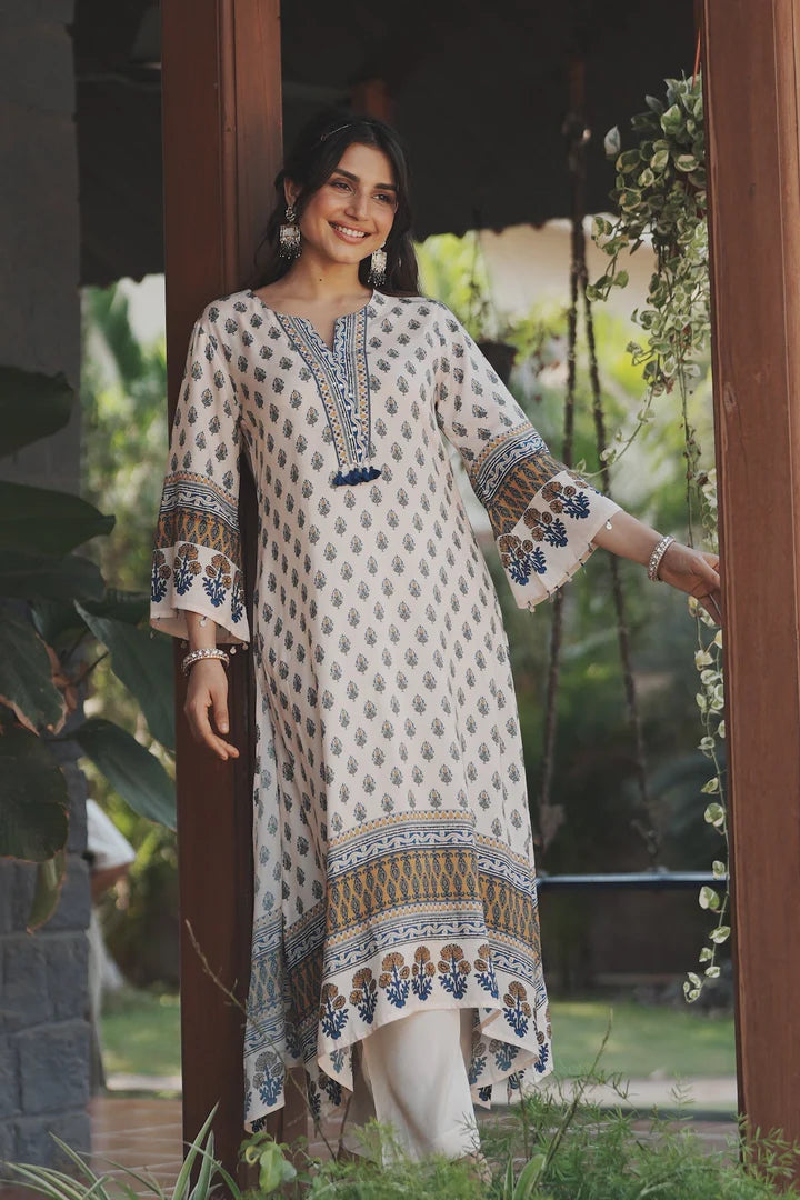 Ivory Blue Handblock Muslin C-Cut Kurta Pant Set with Tassel Accents & Airy Flow