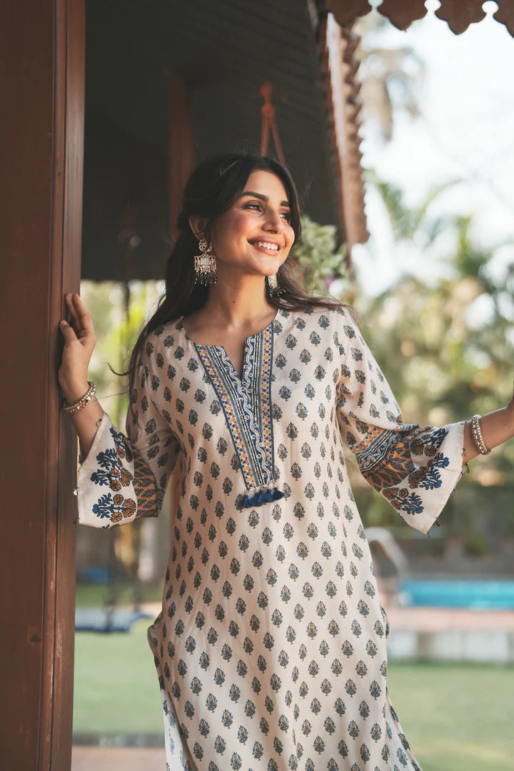 Ivory Blue Handblock Muslin C-Cut Kurta Pant Set with Tassel Accents & Airy Flow