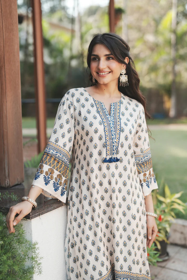 Ivory Blue Handblock Muslin C-Cut Kurta Pant Set with Tassel Accents & Airy Flow