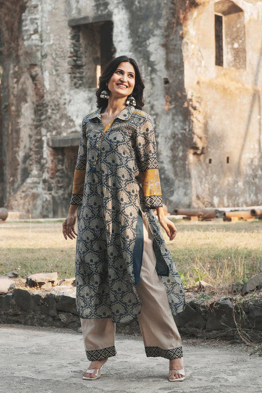 Handcrafted Indigo-Yellow Block Print Chanderi Kurta Set with Lightweight Mul Finish