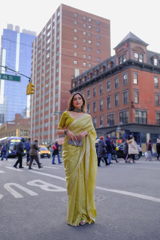 Mehendi Green Zigzag Wave Pure Russian Silk Saree with Mirror Embellishment & Scalloped Border
