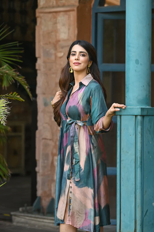 Emerald Breeze Muslin Summer Dress with Side Slit & Adjustable Waist Tie