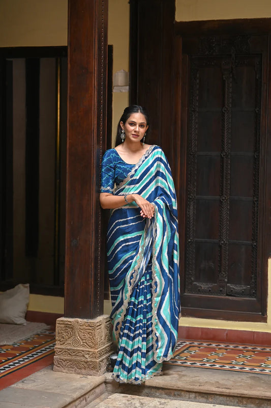 Ocean Breeze Leheriya Crepe Saree with Scalloped Mirror Embellished Border