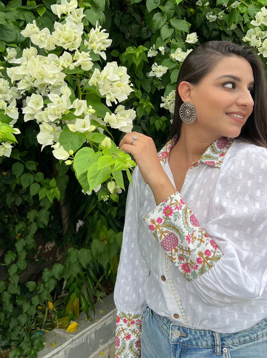 Floral-Inspired Bishop Sleeve Shirt with Flowing Silhouette & Elegant Volume