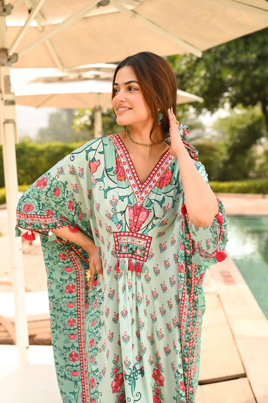 Vivid Cadmium Green Panelled Kaftan with Asymmetric Side Placement Detail