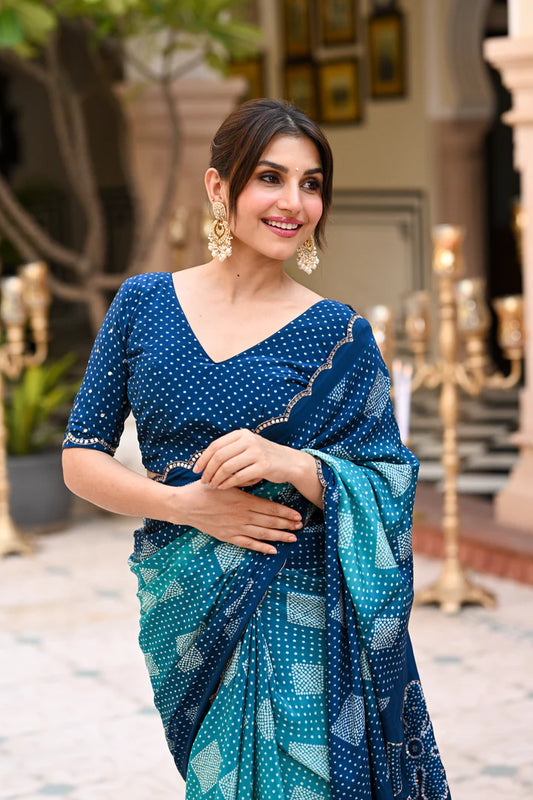 Ocean Teal Bandhej Saree with Handcrafted Mirror, Aari & Sequin Embellishments