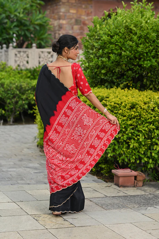 Midnight Crimson Festive Motif Crepe Saree with Mirror-Aari Detailing & Designer Scalloped Border