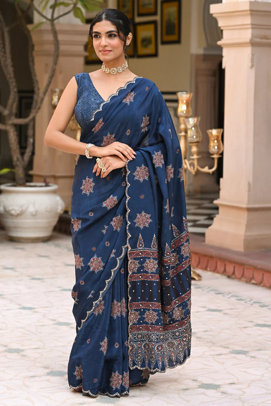 Indigo Heritage Ajrakh Saree with Scalloped Edge, Gota-Tari Sequin & Mirror Embellishment