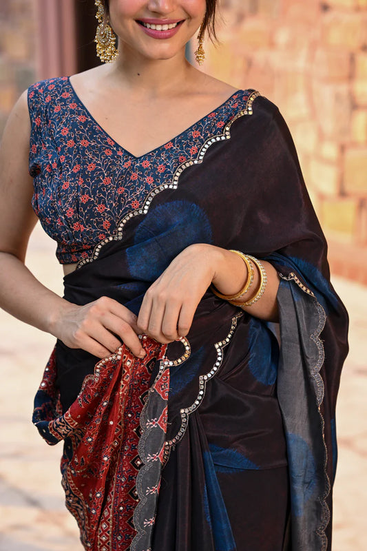Midnight Indigo Polka Fusion Saree with Ajrakh Detailing, Scalloped Edge & Gota-Sequin Tari Embellishment