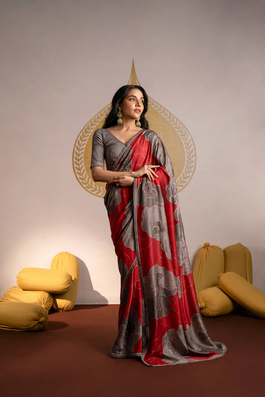 Crimson Ash Floral Muslin Saree with Hand-Beaded Detailing & Soft Flowing Drape
