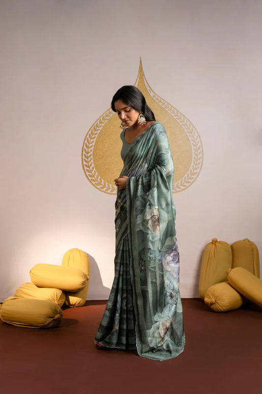 Emerald Violet Pure Muslin Saree with Scalloped Edge & Delicate Pearl Embellishment