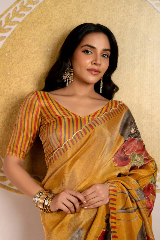 Pure Gold Shimmer Tissue Saree with Intricate Cutwork Border & Zari Sequin Embellished Finish