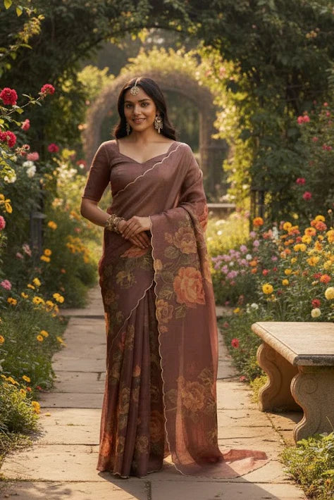 Bronze Glow Tissue Saree with Scalloped Edge & Zari Sequin Embellished Finish